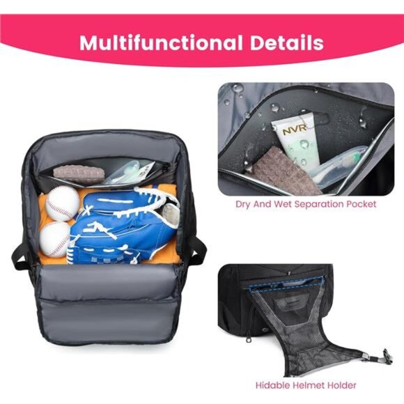 Softball Bag,Softball Bat Bag For Youth Adults,Baseball Bag with Fence Hook - Picture 5 of 7